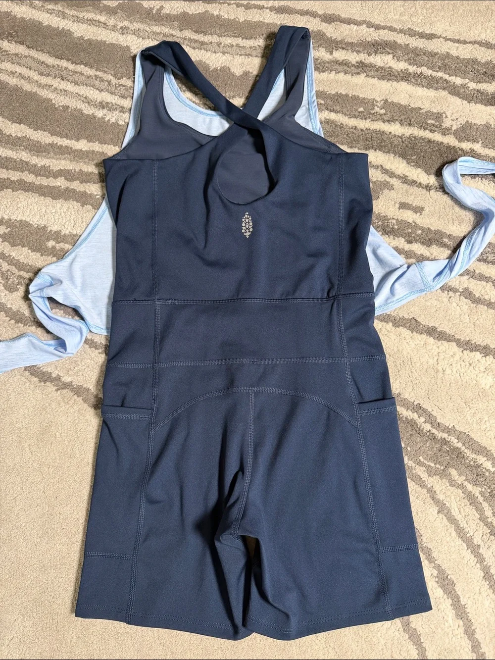 NWOT Free People Navy Blue Athletic Romper with Light Blue Tie